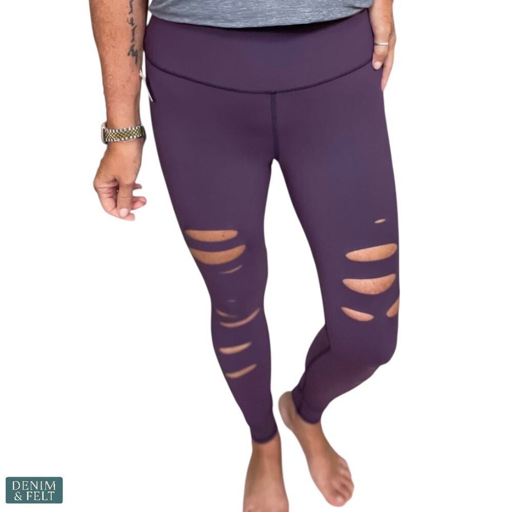 NEW Alo Yoga High-Waist Ripped Leggings Purple Workout Gym Lounge‎ Pants Size SM